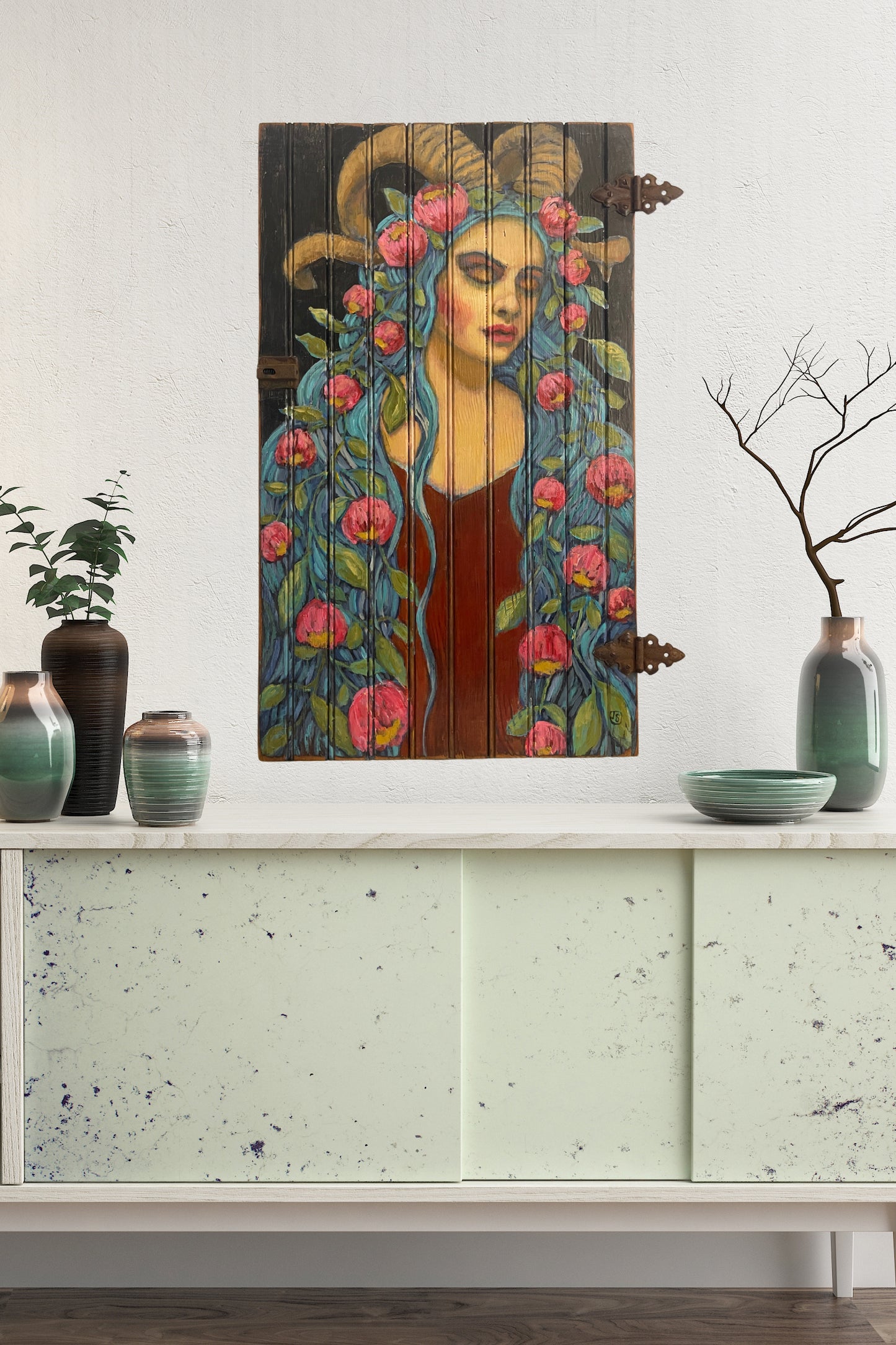 Horned Angel Bride Rustic Cupboard Door Painting