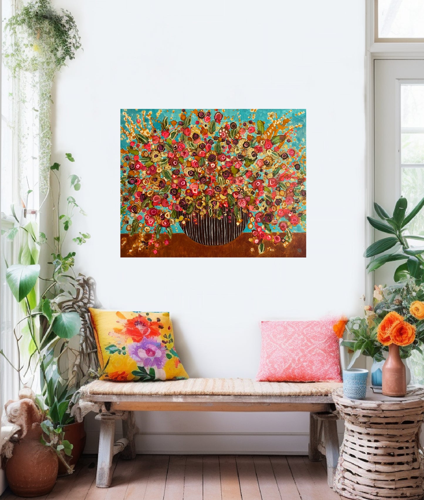 Teal and Rust Floral Painting