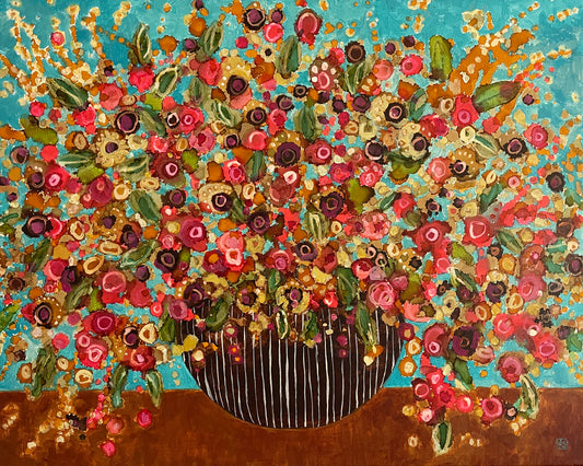 Teal and Rust Floral Painting