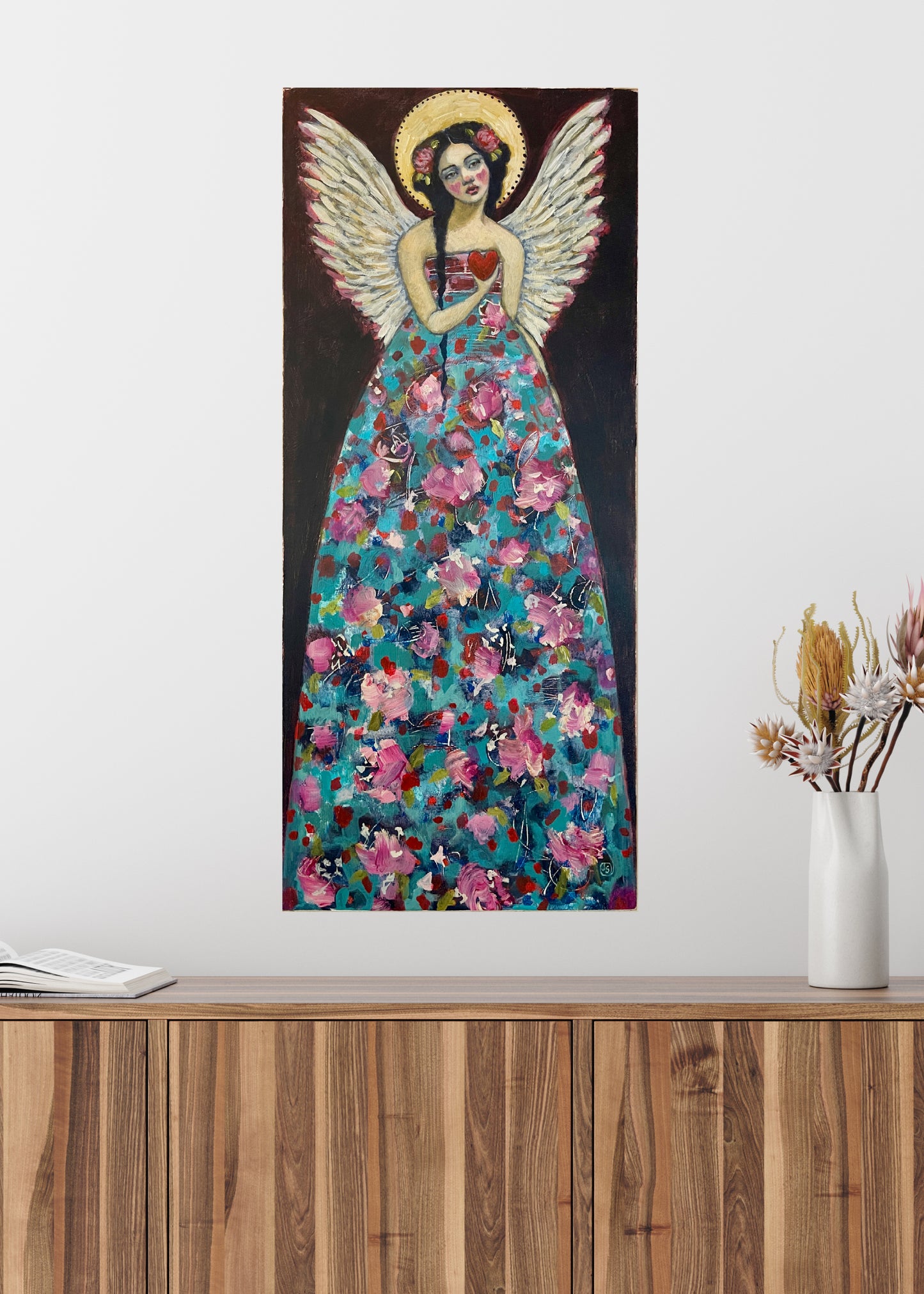 Tall Folk Art Angel Painting On Wood