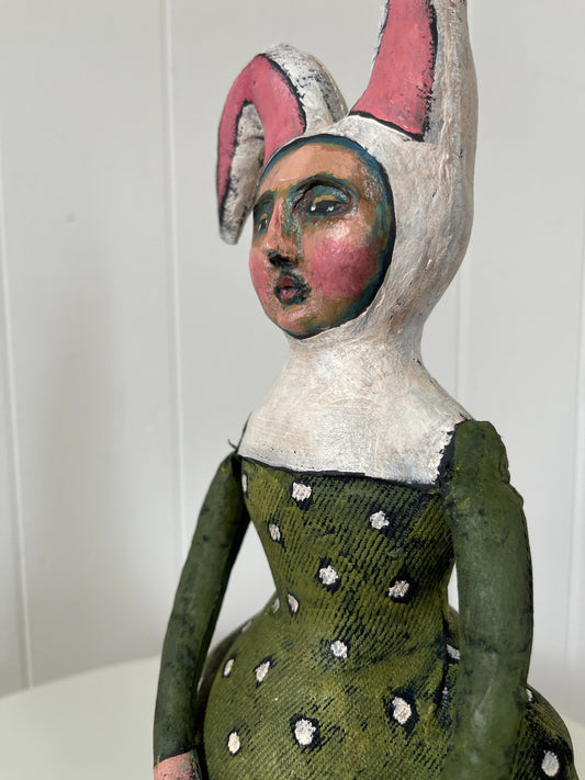 Primitive Cloth & Clay Bunny Art Doll (green)